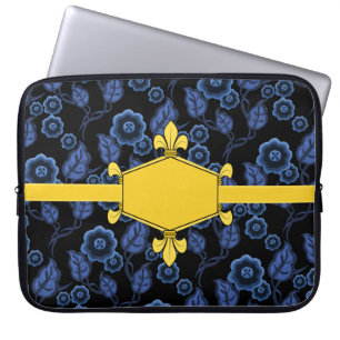 Fur de lis, gold, blue floral, Add initials/name Laptop Sleeve