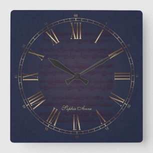 Für Elise Music Gold Navy Blue Roman Monogram Square Wall Clock