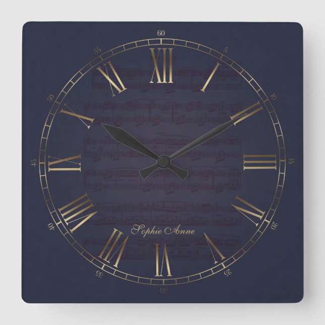 Für Elise Music Gold Navy Blue Roman Monogram Square Wall Clock (Front)