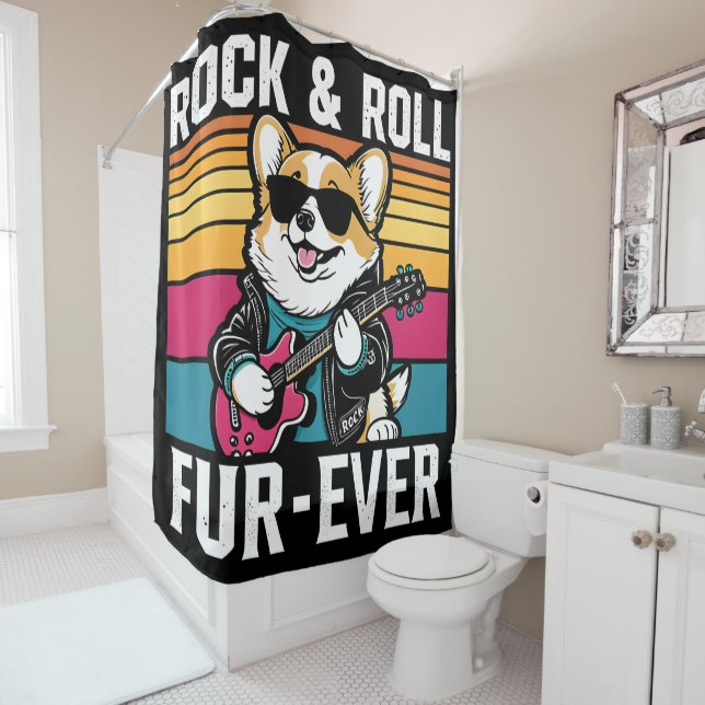 Fur-Ever Rock & Roll With A Rockin Corgi Shower Curtain (In Situ)