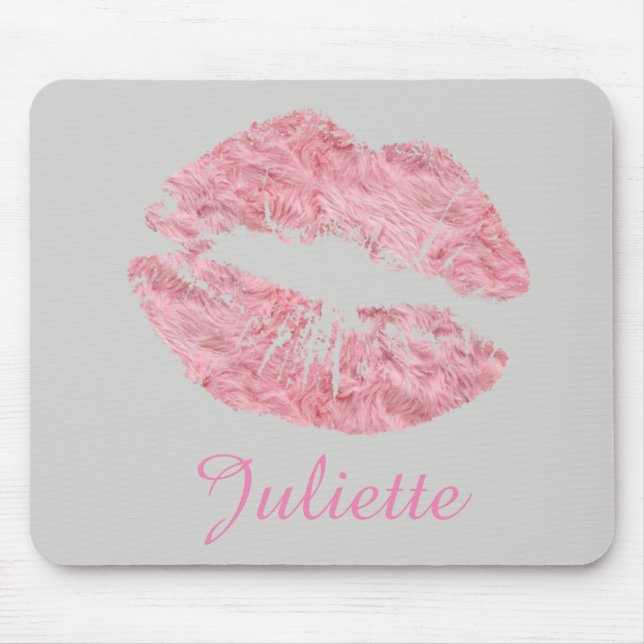 Fur Fun Pink Rose Lips Lipstick Mouth Mouse Pad (Front)