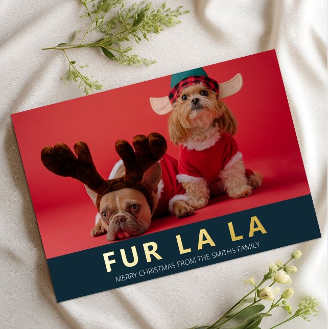 Fur La La Blue Gold Modern Pet Christmas Photo Foil Holiday Card (Creator Uploaded)