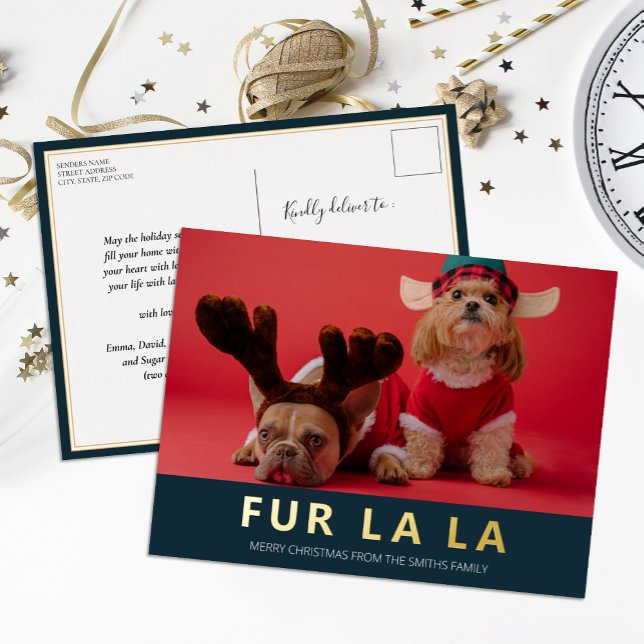 Fur La La Blue Gold Modern Pet Christmas Photo Foil Holiday Postcard (Creator Uploaded)