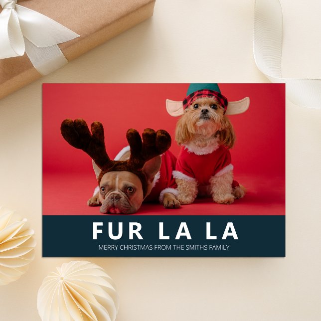 Fur La La Blue Modern Pet Christmas Photo Holiday Card (Creator Uploaded)