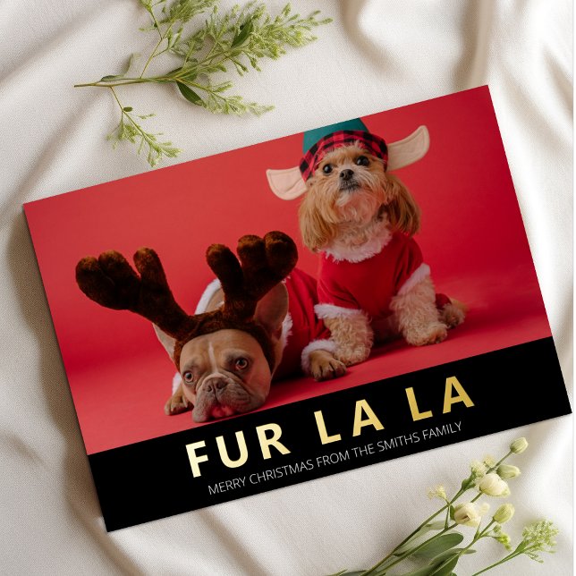 Fur La La Gold Black Modern Pet Christmas Photo Foil Holiday Card (Creator Uploaded)
