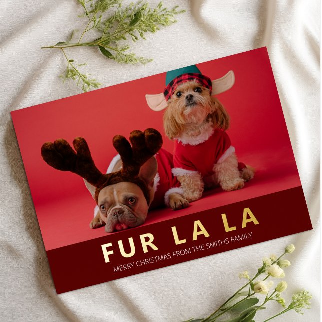 Fur La La Red Gold Modern Pet Christmas Photo Foil Holiday Card (Creator Uploaded)
