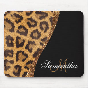 Fur Leopard Print and Glitter Mouse Pad