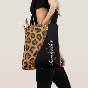 Fur Leopard Print and Glitter Tote Bag