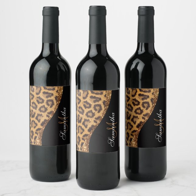 Fur Leopard Print and Glitter Wine Label (Bottles)