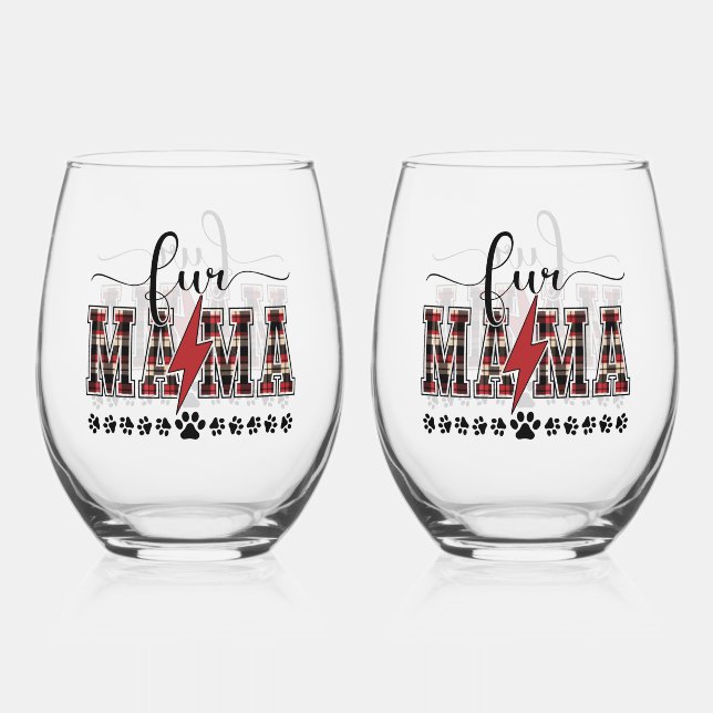 Fur Mama Plaid  Stemless Wine Glass (Front)