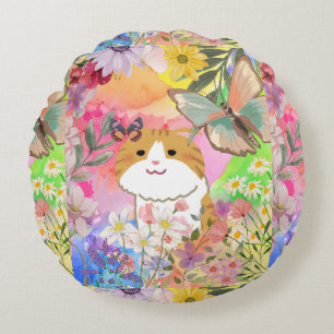 Fur-real, I’m Flower-Powered – Cute Cat Floral  Round Cushion