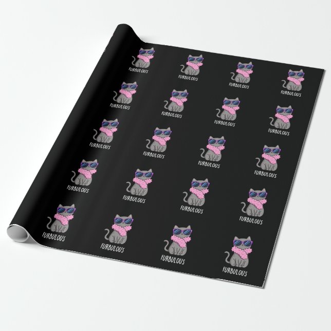 Furbulous Funny Elegant Cat Pun Dark BG Wrapping Paper (Unrolled)