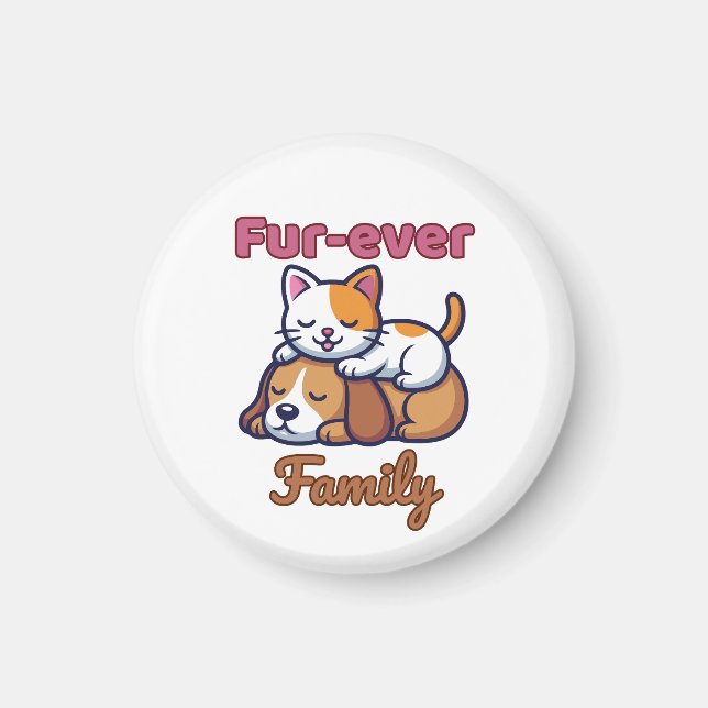 Furever Family Heartwarming Cat & Dog Illustration Magnet (Front)