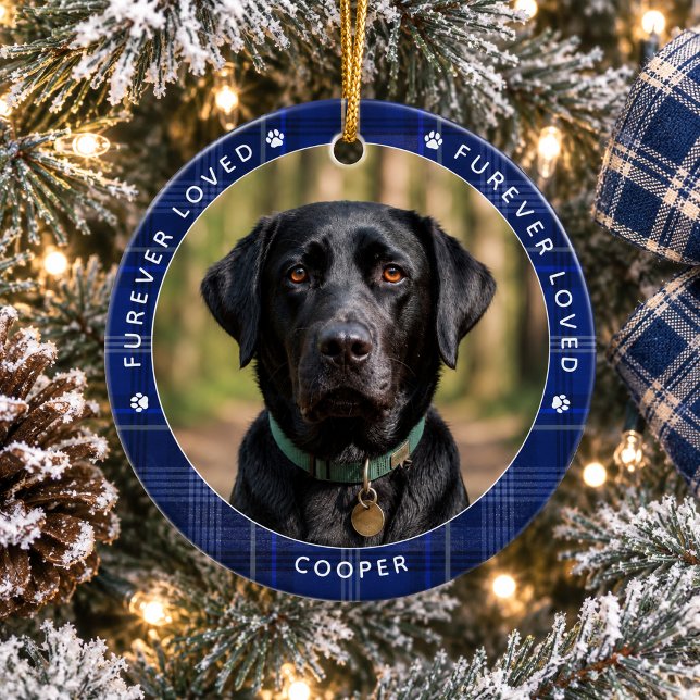Furever Loved Rustic Plaid Pet Memorial Ceramic Ornament (Creator Uploaded)