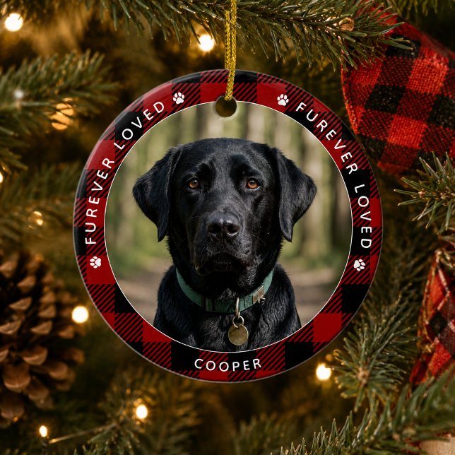 Furever Loved Rustic Plaid Pet Memorial Ceramic Ornament (Creator Uploaded)