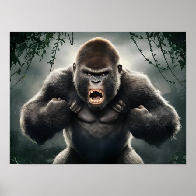 Furious Monkey Gorilla Roaring in Jungle Poster (Front)