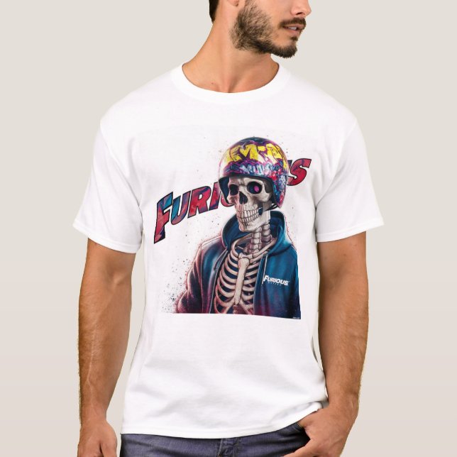 Furious Rider: Edgy Skeleton Biker Art t shirt (Front)