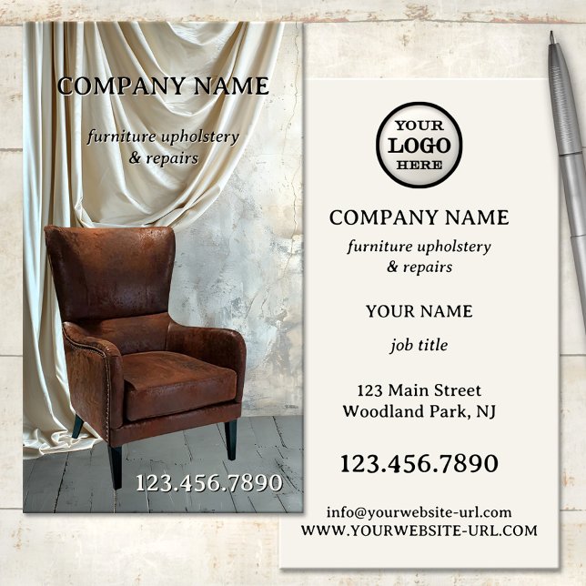 Furniture Upholstery  and Repair Business Card (Professional furniture upholstery or furniture repair business card featuring a vintage chair)