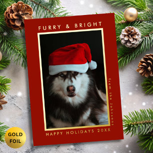 Furry and Bright Paw Print Red Pet Photo Christmas Foil Holiday Card