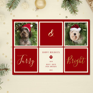 Furry And Bright Red Gold Foil Photo Dog Foil Holiday Card
