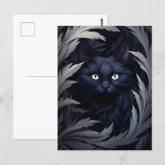 Furry Black Cat Among The Leaves Postcard