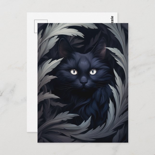 Furry Black Cat Among The Leaves Postcard (Front/Back)