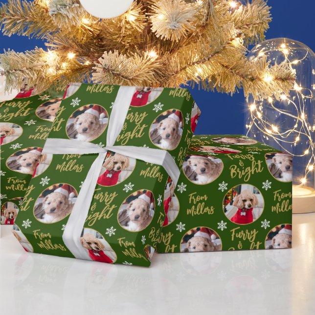 Furry & Bright Dog Photo Christmas Snowflake Green Wrapping Paper (Holidays)