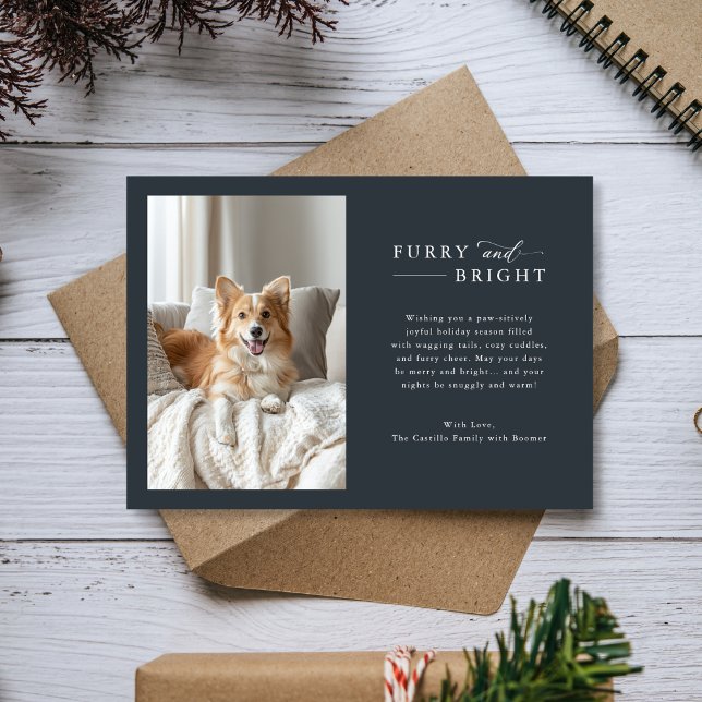 Furry & Bright Minimalist Dog Christmas Dark Photo Holiday Card (Creator Uploaded)