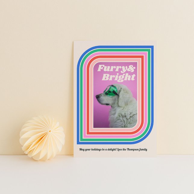 Furry & Bright Retro Stripe Dog Holiday Photo Card (Creator Uploaded)