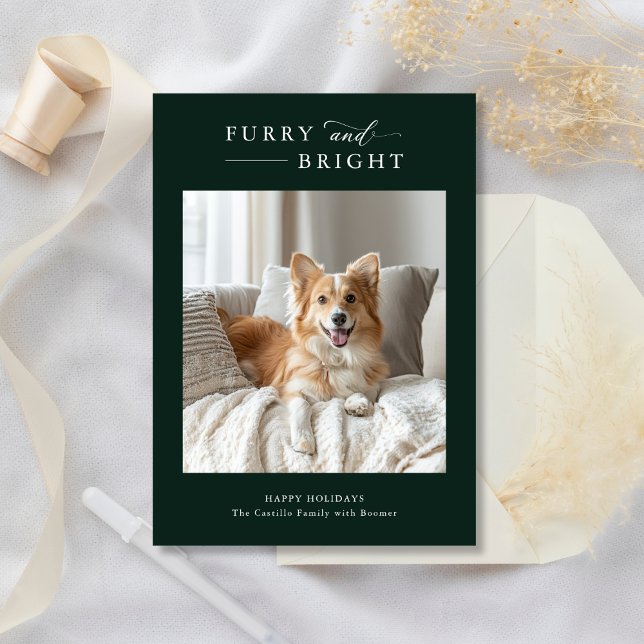 Furry & Bright Simple Dog Christmas 2 Photo Green Holiday Card (Creator Uploaded)