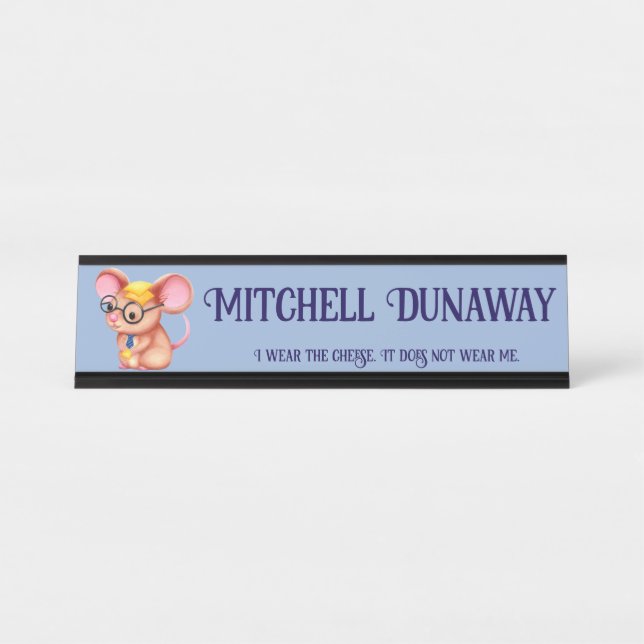 Furry Cheese Man Business Mouse Tie Glasses Nerdy Desk Name Plate (Front)