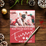 Furry Christmas red with photo and dog paws Postcard<br><div class="desc">This Christmas greeting card is perfect for every dog lover! It features the photo of a cute french bulldog puppy with Christmas cap and holiday decorations.
The white text on a red festive background says "may your days be Furry and bright"</div>