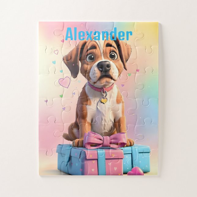 Furry Friends Boxer Puppy and Colourful Gifts Jigsaw Puzzle (Vertical)