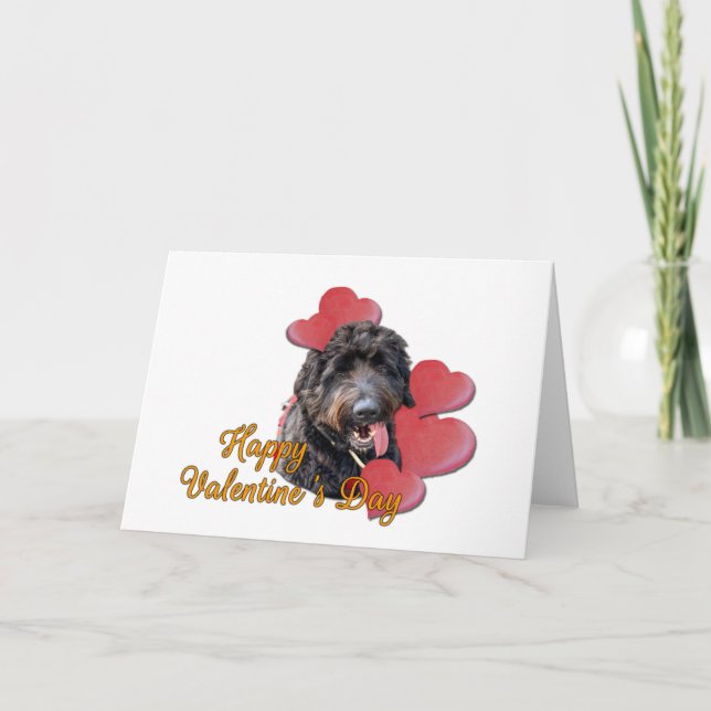 Furry Goldendoodle Black Happy Valentine Day Heart Card (Front)