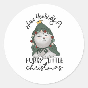 Furry Little Christmas Cute Cat Christmas Robe Classic Round Sticker