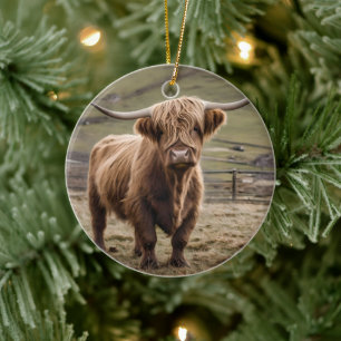 **"Furry Majesty: The Woolly Brown Highland Cow"** Ceramic Ornament