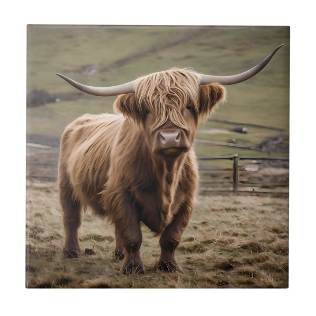 **"Furry Majesty: The Woolly Brown Highland Cow"** Ceramic Tile (Front)
