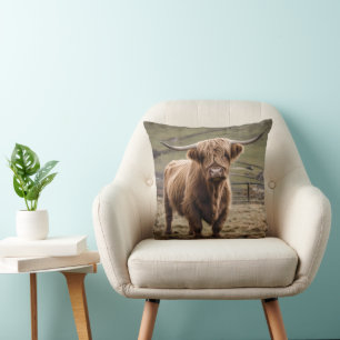 **"Furry Majesty: The Woolly Brown Highland Cow"** Cushion