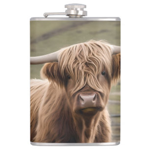 **"Furry Majesty: The Woolly Brown Highland Cow"** Hip Flask
