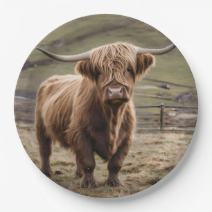 **"Furry Majesty: The Woolly Brown Highland Cow"** Paper Plate