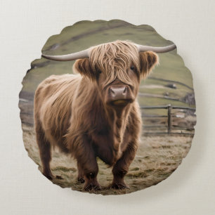**"Furry Majesty: The Woolly Brown Highland Cow"** Round Cushion