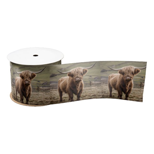 **"Furry Majesty: The Woolly Brown Highland Cow"** Satin Ribbon (Spool)