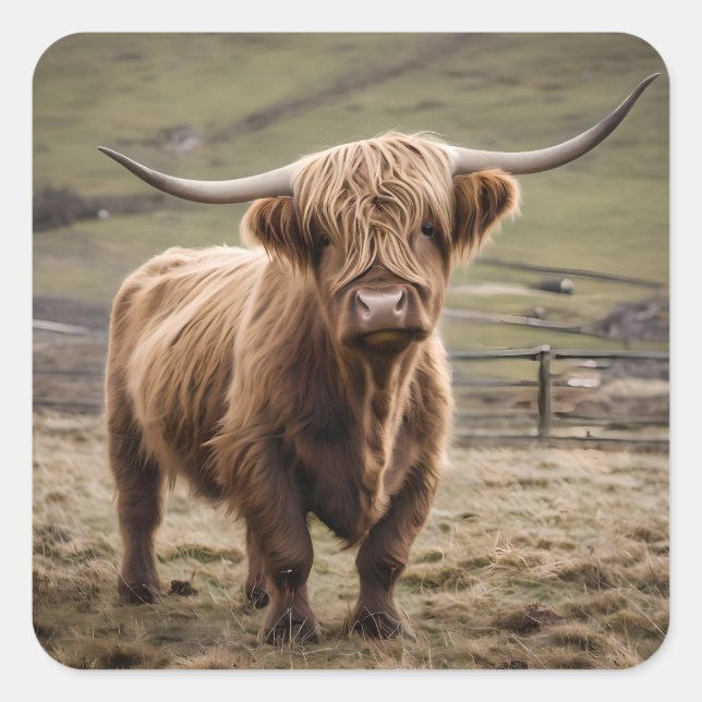 **"Furry Majesty: The Woolly Brown Highland Cow"** Square Sticker (Front)