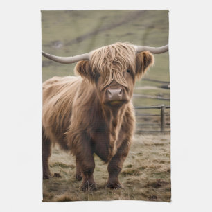 **"Furry Majesty: The Woolly Brown Highland Cow"** Tea Towel