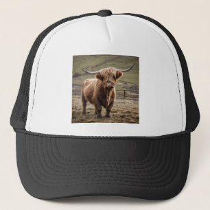 **"Furry Majesty: The Woolly Brown Highland Cow"** Trucker Hat