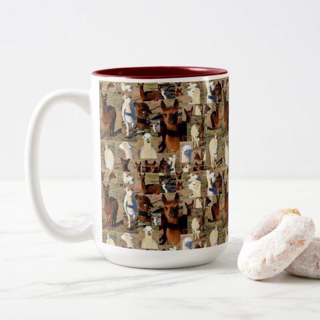 "Furry Moments: An Alpaca Photo Collage" Two-Tone Coffee Mug (With Donut)