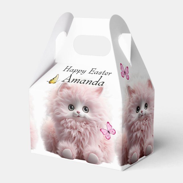 Furry Pink Kitten & Butterflies Easter Favour Box (Front Side)