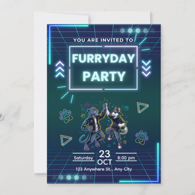 Furryday Party Invitation Retro Neon (Front)