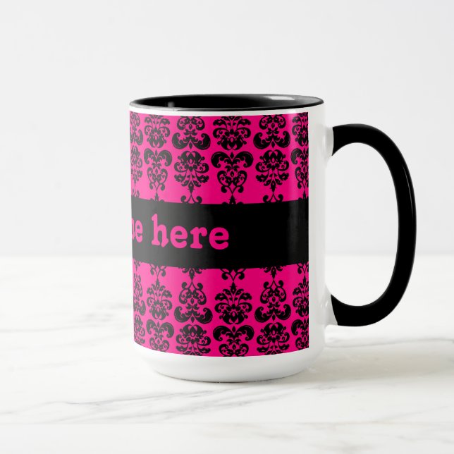 Fuschia and black mini damask print mug (Right)