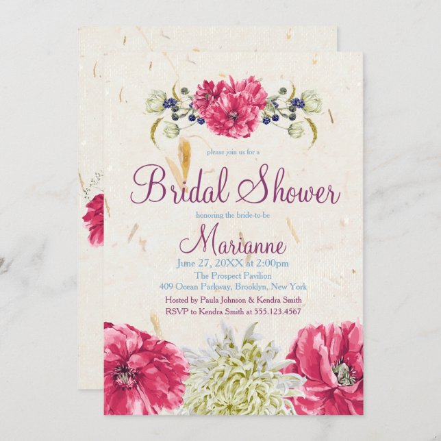 Fuschia and Ivory floral Bridal Shower Invitations (Front/Back)